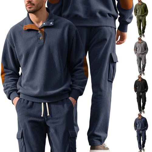 Herren nan strukturierter Troyer-Pullover mit Stehkragen Druckknopfleiste und Velours-Ellenbogenpatch Drune