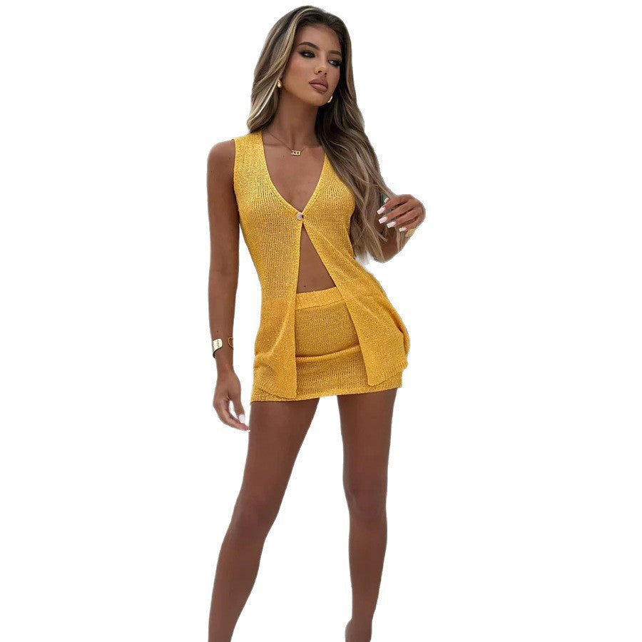 Damen Glitzerndes Strick-Kleid mit durchgehendem Knopfverschluss Drune