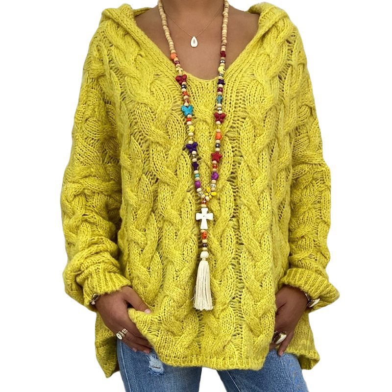 Damen Oversized Zopfmuster-Strickpullover mit Kapuze und lässigem V‑Ausschnitt Drune