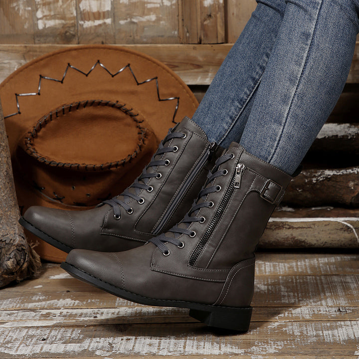 Damen nan robuste Schnür-Bikerstiefelette mit seitlichem Reißverschluss und Ziergurt Drune