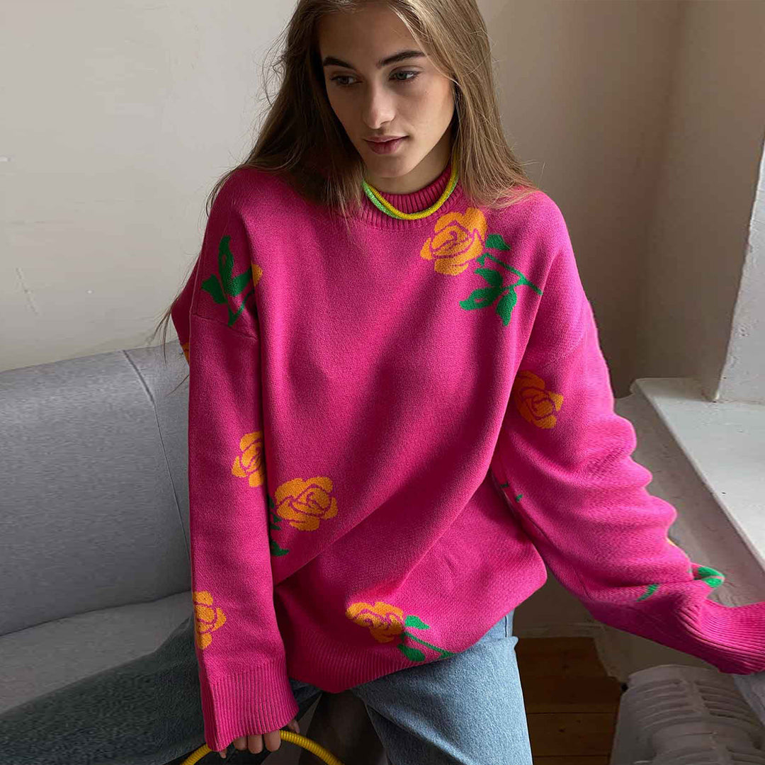 Damen weicher Strickpullover mit floralem Design Drune