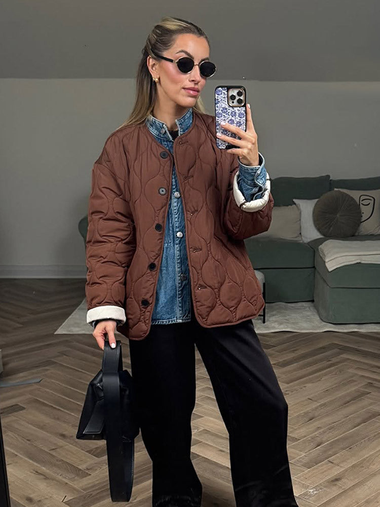Damen gesteppte Übergangsjacke mit runder Steppung, Boxy‑Silhouette und Druckknopfleiste Drune