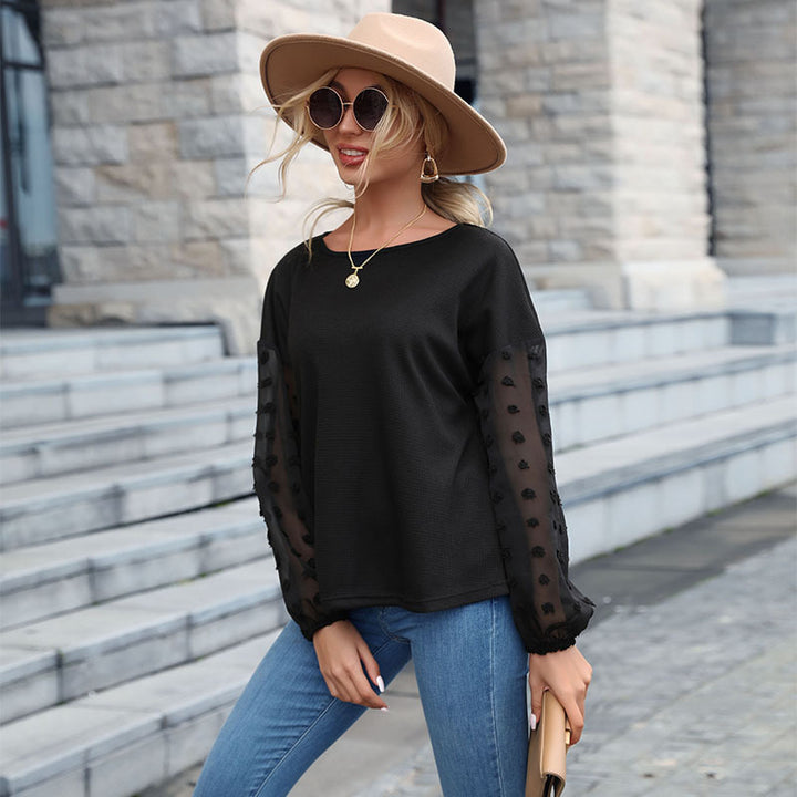 Damen Feinstrickpullover mit transparenten Chiffon-Ärmeln und Punktapplikationen Drune