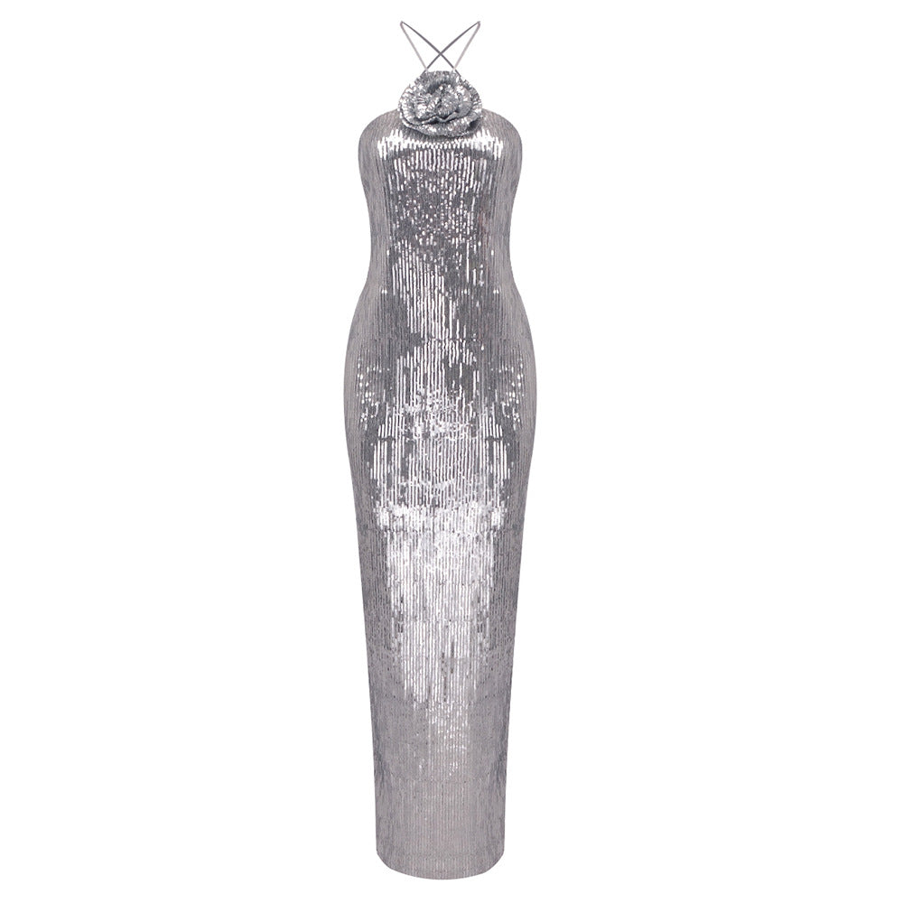 Damen glamouröses Pailletten-Maxikleid mit elegantem Stehkragen Drune