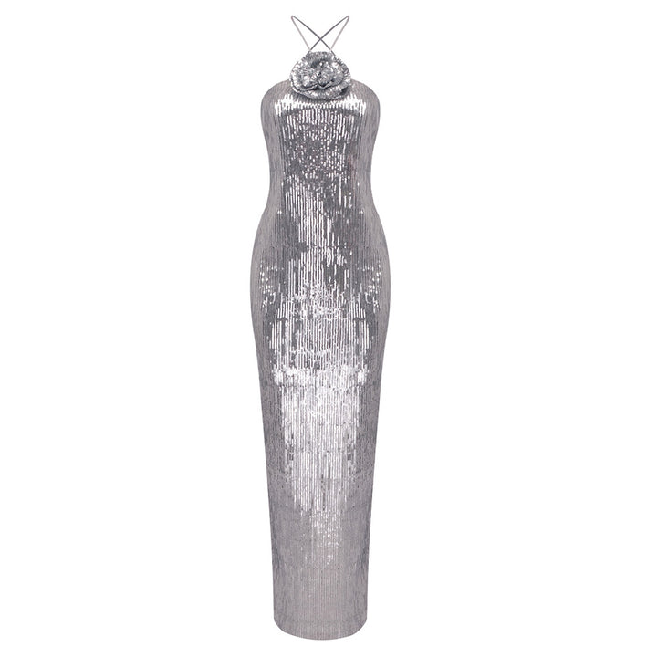 Damen glamouröses Pailletten-Maxikleid mit elegantem Stehkragen Drune