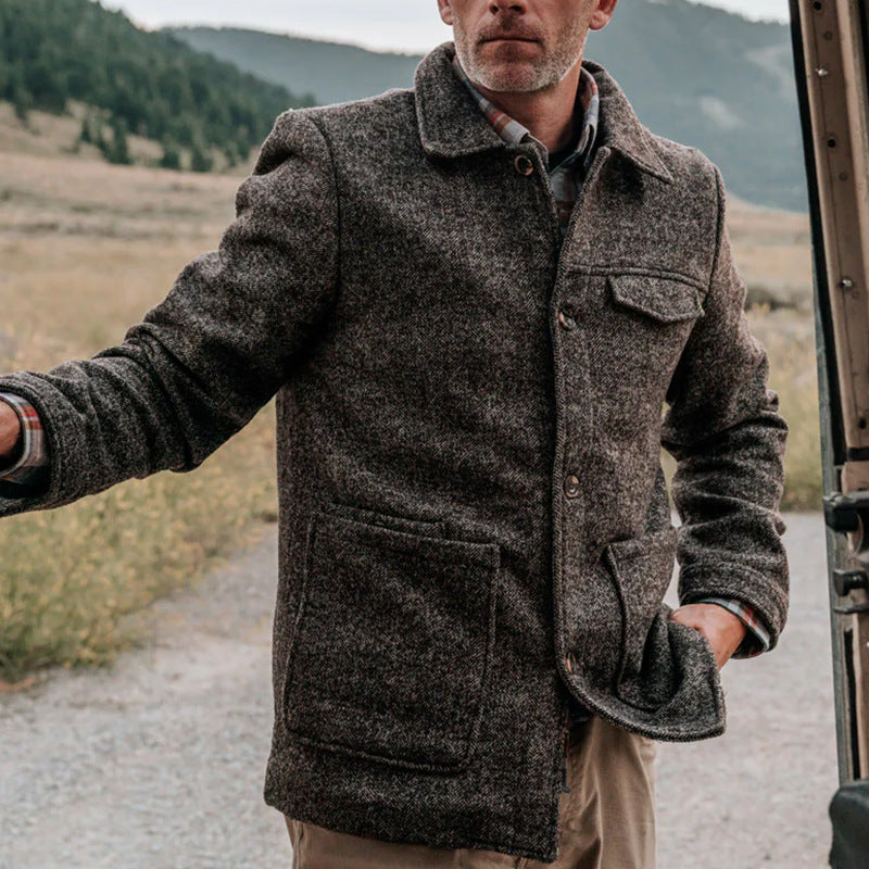 Herren Woll-Tweed Feldjacke mit Stehkragen und aufgesetzten Taschen Drune