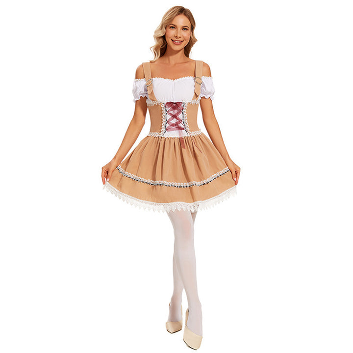 Damen nan bayerisch inspiriertes Minikleid mit geschnürter Korsage, Carmenbluse und Filzhut Drune