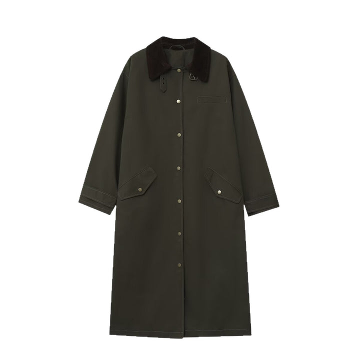 Damen Langer wasserdichter Oversize-Mantel mit Cordkragen, Druckknopfleiste und Pattentaschen Drune