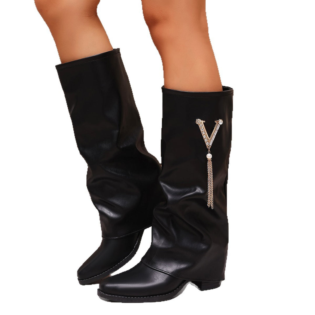 Damen Kniehohe Slouch‑Stiefel mit Strassbesatz und mittlerem Blockabsatz Drune