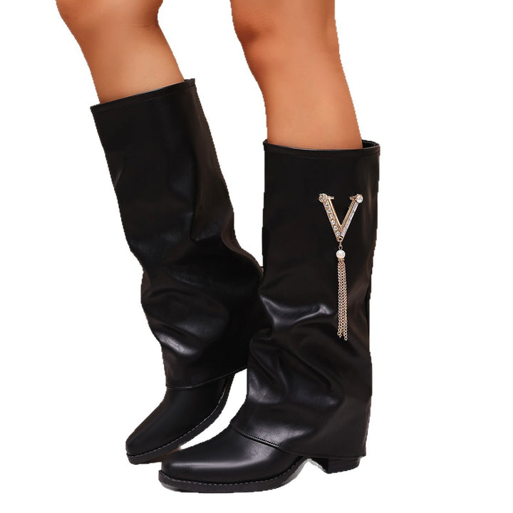 Damen Kniehohe Slouch‑Stiefel mit Strassbesatz und mittlerem Blockabsatz Drune