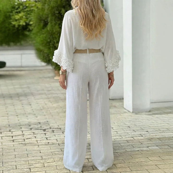 Damen Hochtaillierte Palazzo-Hose mit Knopfblende und Eingrifftaschen Drune