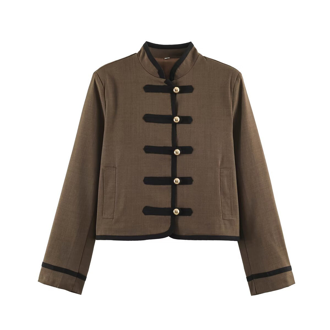 Damen Cropped Stehkragenjacke mit dekorativen Knebelverschlüssen und Boxy-Schnitt Drune
