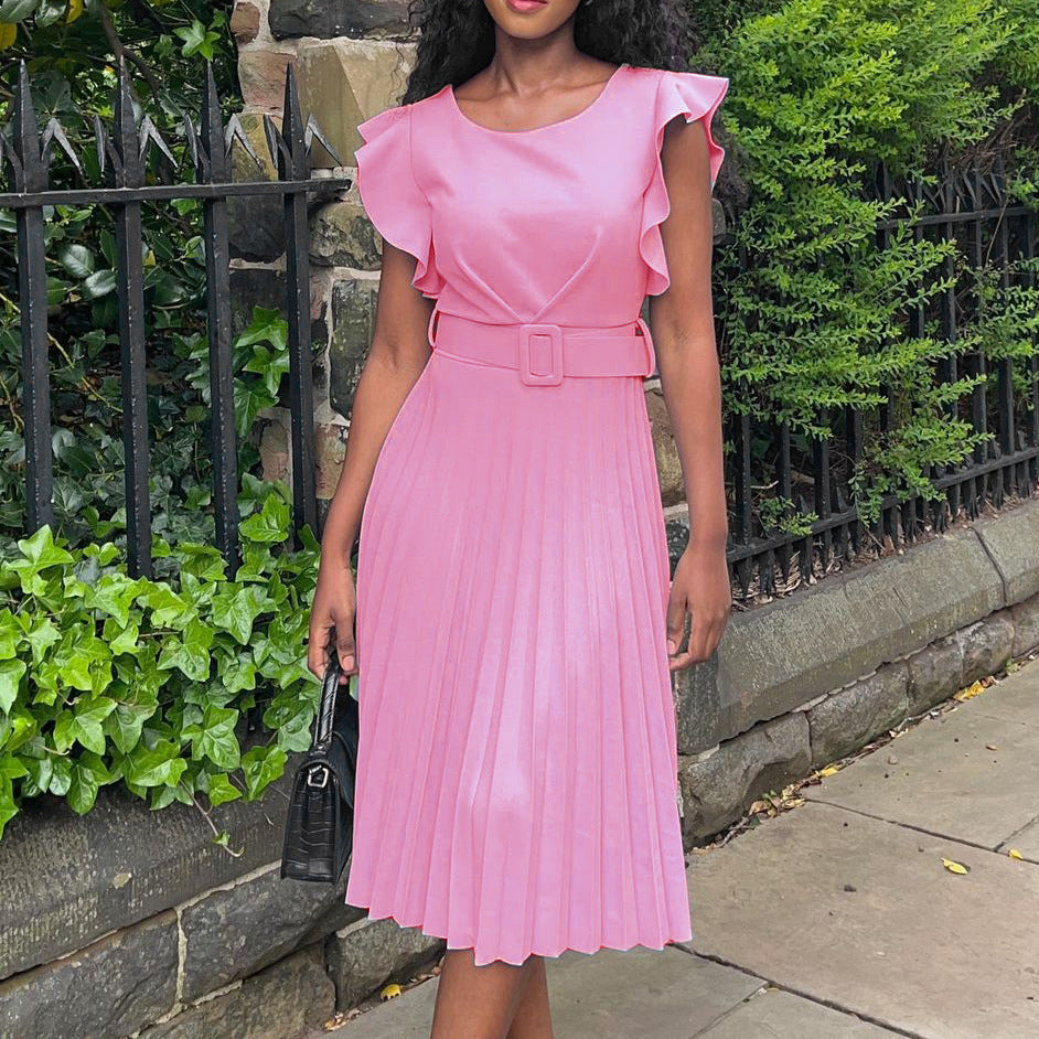 Damen Plissee Kleid mit gefaltetem Rock und Gürtel Drune