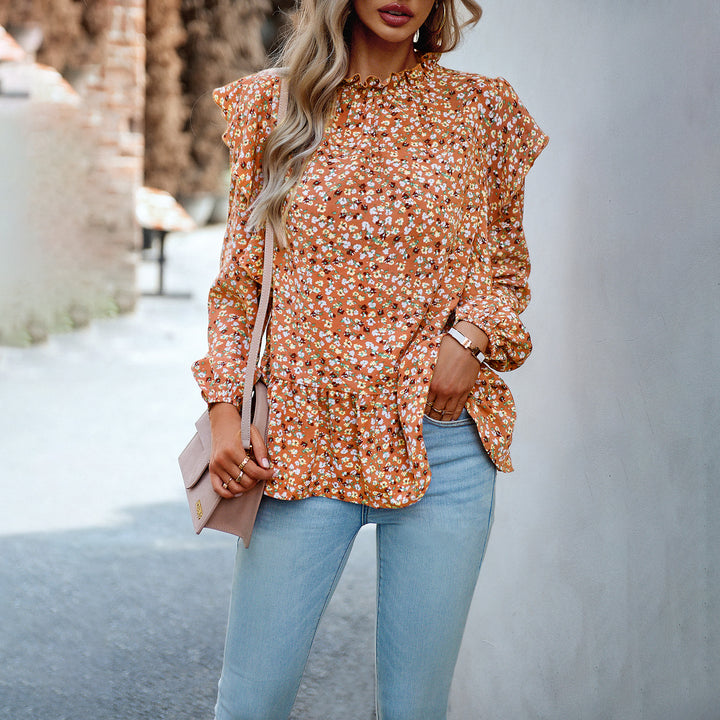 Damen nan geblümte Chiffon-Bluse mit gerafftem Stehkragen, Volant-Schultern und tailliertem Stufen-Saum Drune