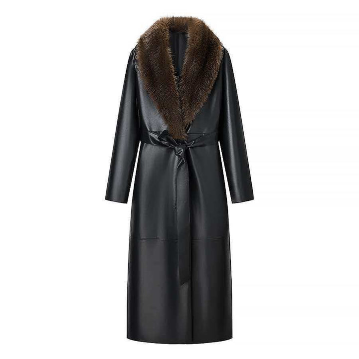Damen eleganter Kunstleder-Mantel mit abnehmbarem Kunstfellkragen Drune