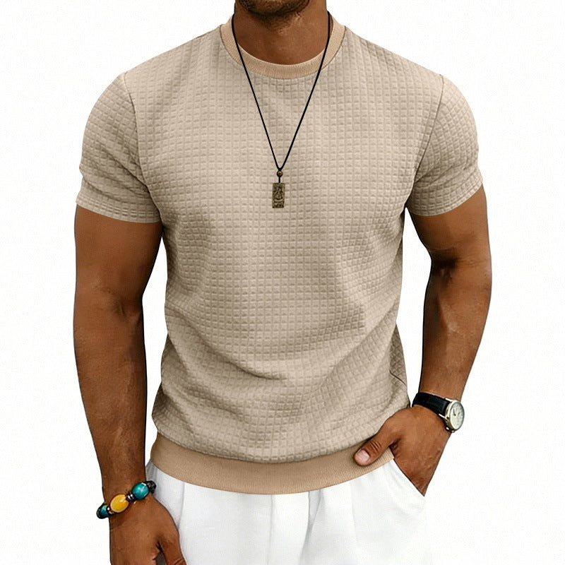 Herren lässiges Waffelstrick-T-Shirt mit Rundhalsausschnitt Drune