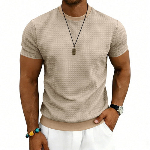 Herren lässiges Waffelstrick-T-Shirt mit Rundhalsausschnitt Drune