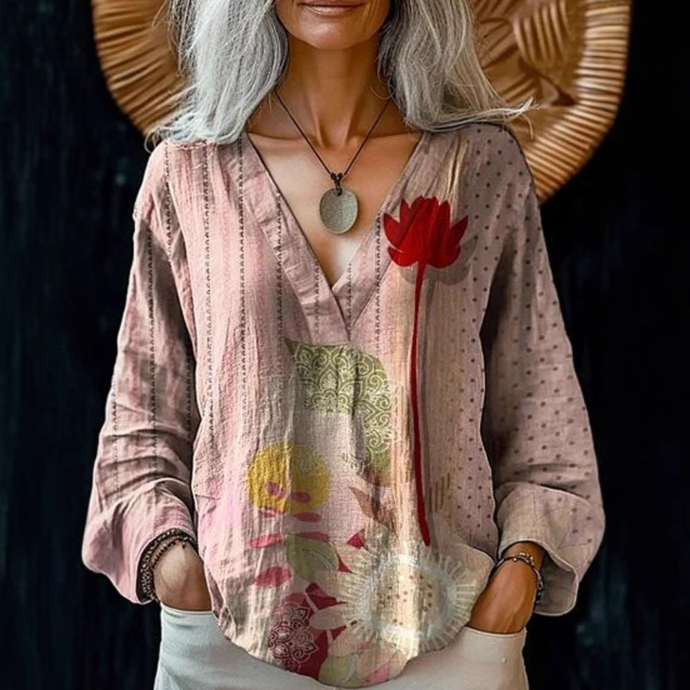 Damen Boho-Leinenmischung Tunika-Bluse mit V-Ausschnitt und floraler Aquarellstickerei Drune