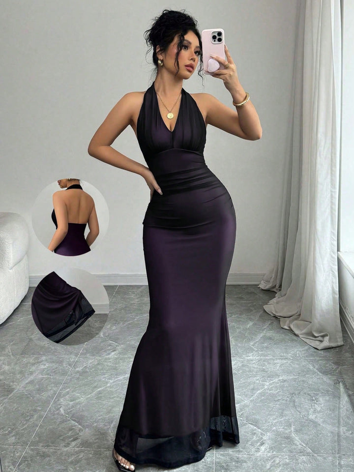 Damen Elegantes Maxikleid mit tiefem V-Ausschnitt und taillierendem Schnitt Drune