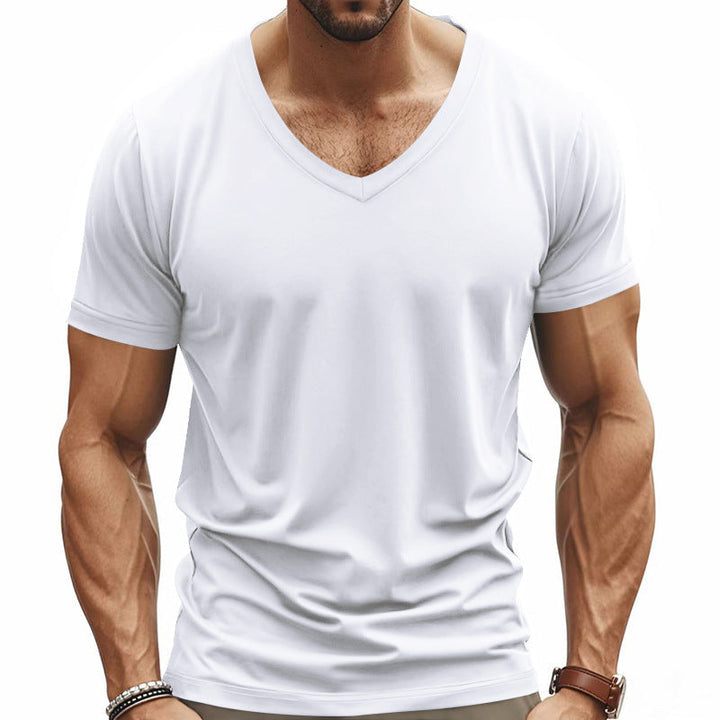 Herren nan V-Ausschnitt-T-Shirt aus Stretchbaumwolle mit ergonomischem Schulterschnitt und flachem Saum Drune