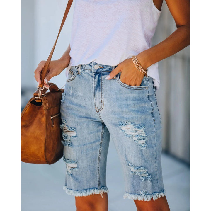 Damen Destroyed Denim Shorts im lässigen Schnitt mit fransigen Säumen Drune