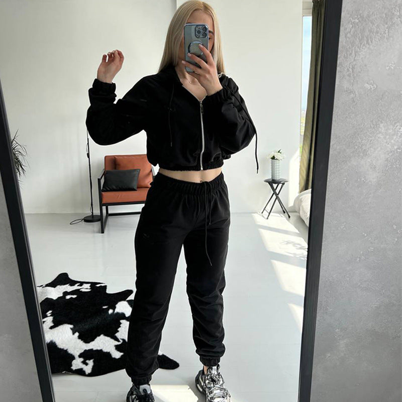 Damen Gekürztes Zip‑Hoodie mit elastischer High‑Waist Jogginghose Drune