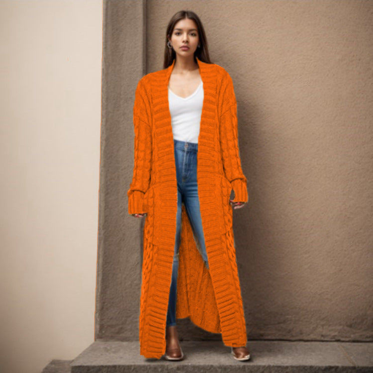 Damen Langer Strickcardigan mit strukturiertem Zopfmuster und praktischen Taschen Drune