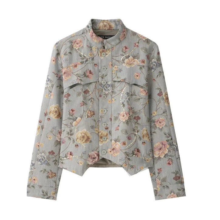 Damen Kurze Jacquard‑Blousonjacke mit Stehkragen, floraler Jacquard‑Stickerei und Pattentaschen Drune