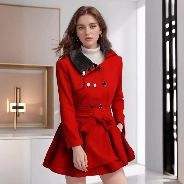 Damen eleganter Trenchcoat mit abnehmbarem Fellkragen und Taillengürtel Drune