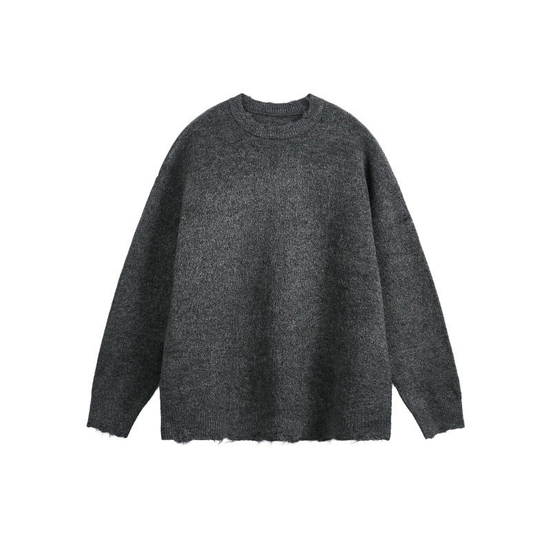 Unisex Oversize Grobstrickpullover mit Rundhalsausschnitt und ausgefranstem Saum Drune