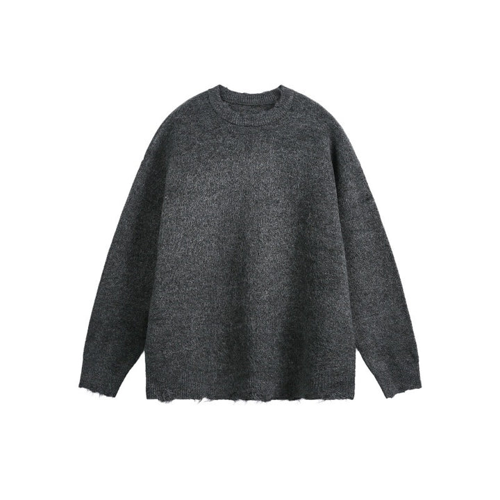 Unisex Oversize Grobstrickpullover mit Rundhalsausschnitt und ausgefranstem Saum Drune