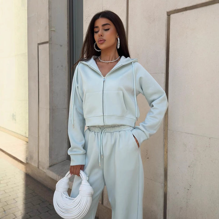 Damen trendiger Lounge-Anzug mit komfortablem Cropped Hoodie und weit geschnittenen Hosen Drune