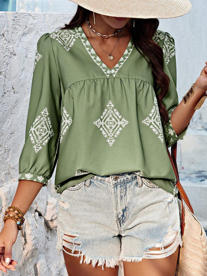 Damen Locker geschnittene Boho‑Bluse mit V‑Ausschnitt, geraffter Brustnaht und dreiviertelärmeln Drune
