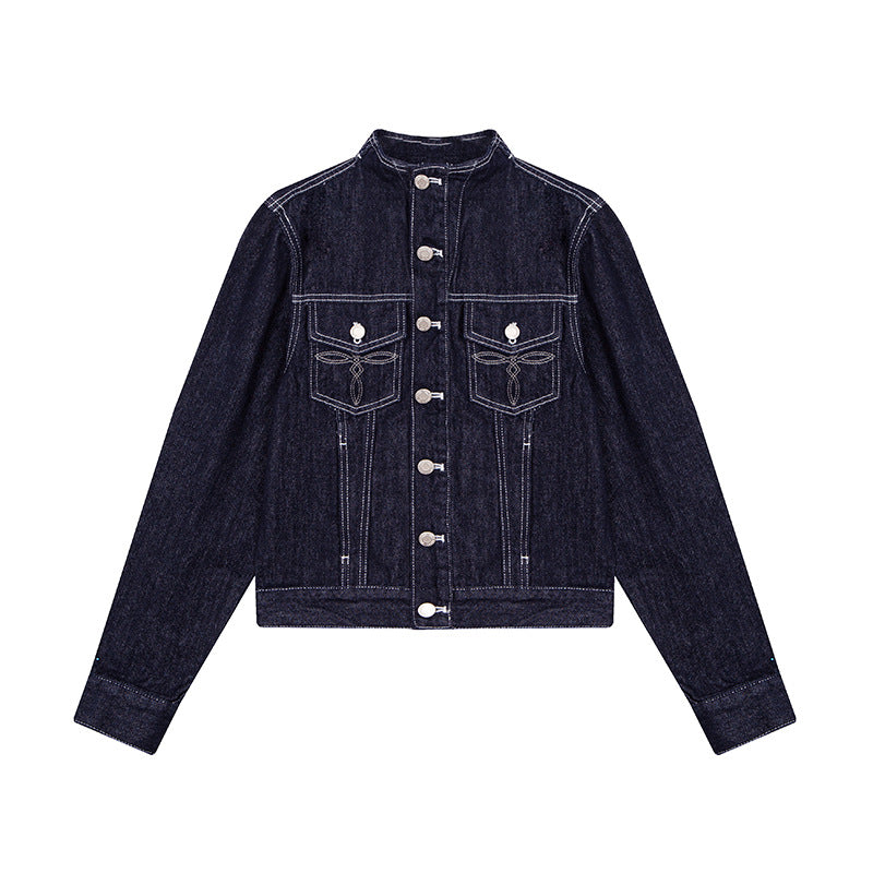 Damen Taillierte Jeansjacke mit Stehkragen, Ziernähten und Metallknopfverschluss Drune