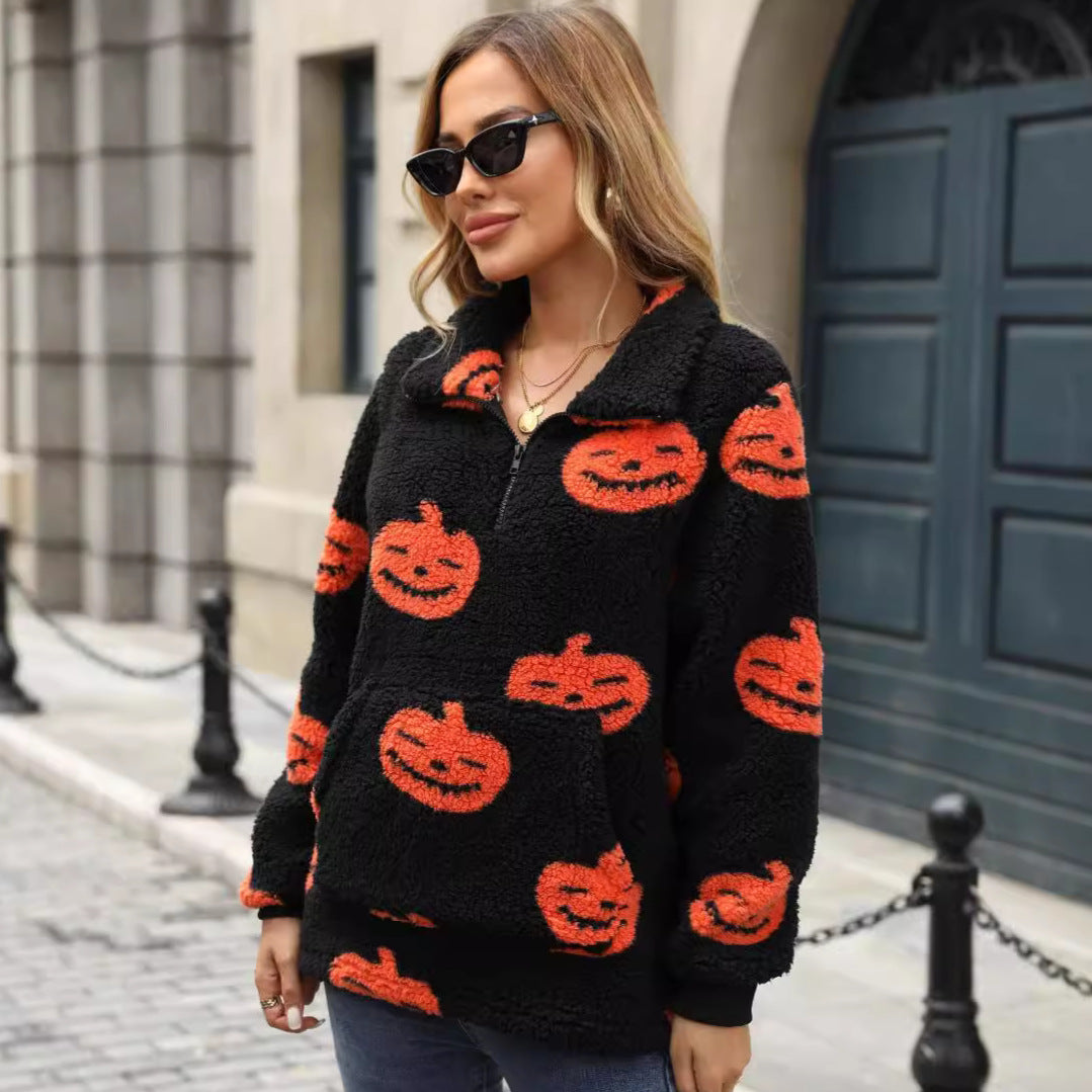 Damen Plüschpullover mit Halloween-Motiv und praktischen Taschen Drune