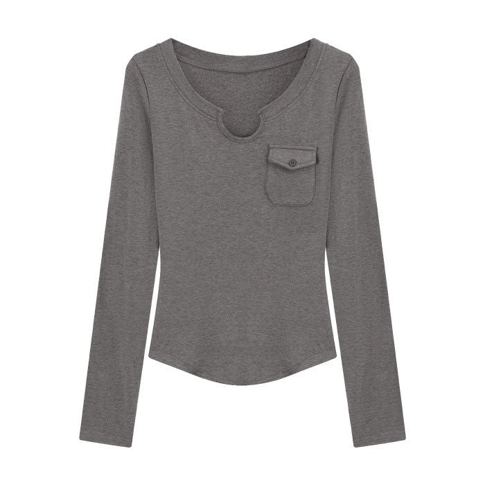 Damen Slim-Fit Langarmshirt mit Rundhalsausschnitt und Brusttasche Drune
