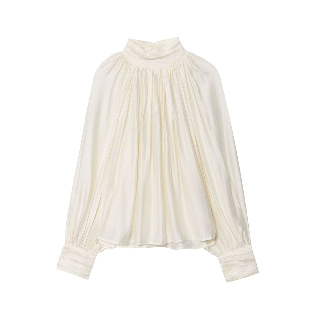 Damen nan plissierte Highneck-Bluse aus seidenähnlichem Satin mit Ballonärmeln und gerafften Manschetten Drune