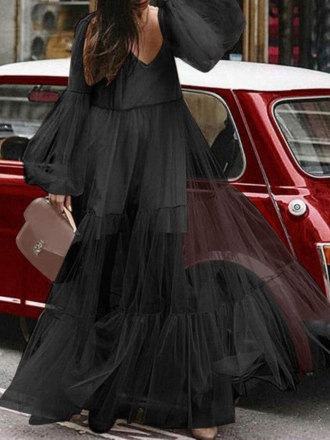 Drune | Puffärmel Tüll Durchsichtig Lange Rock Kleid