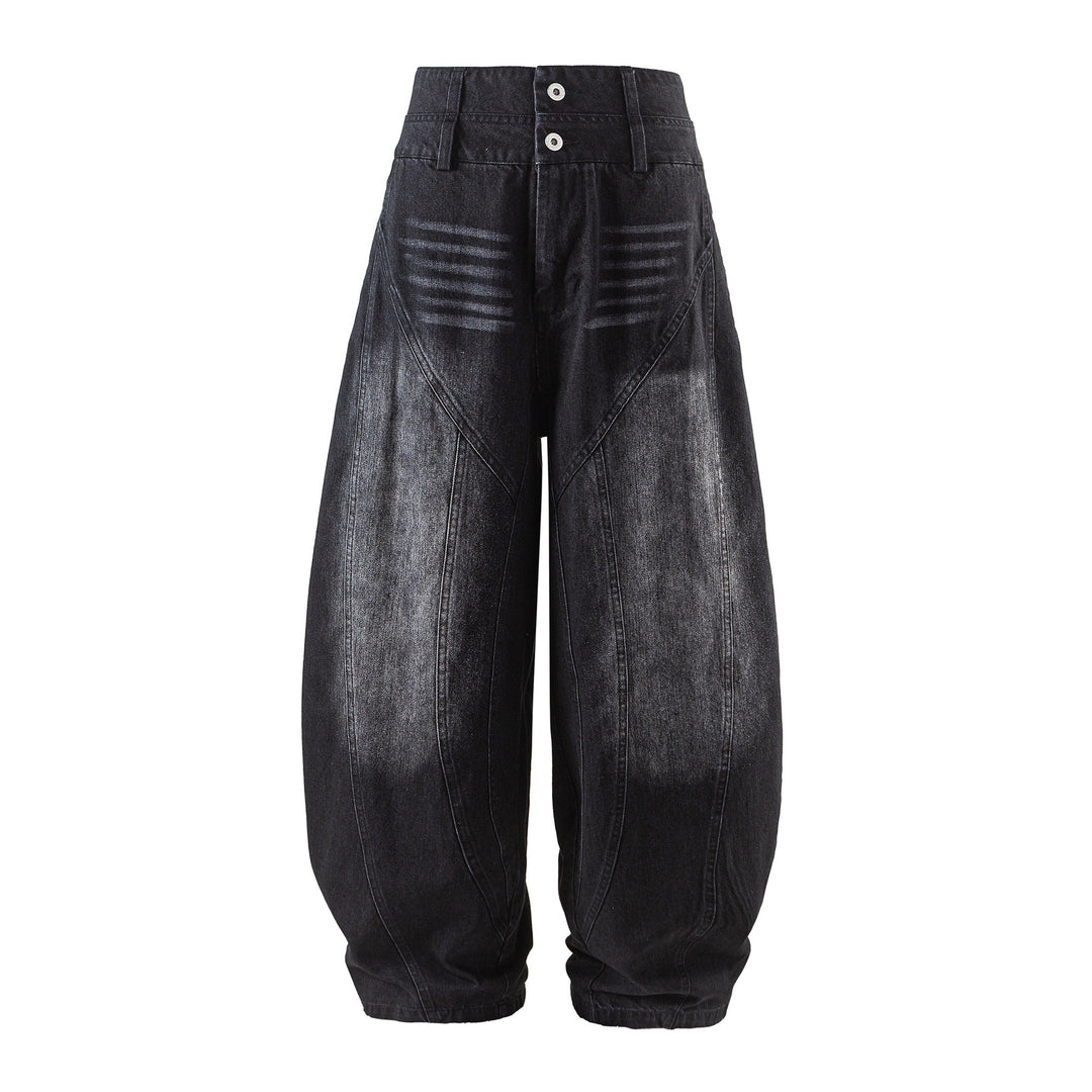 Damen hochtaillierte Ballon-Jeans mit Ziernähten und elastischem Saum Drune