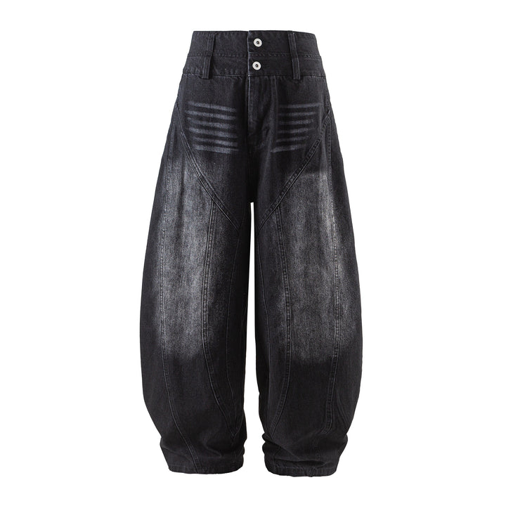 Damen hochtaillierte Ballon-Jeans mit Ziernähten und elastischem Saum Drune