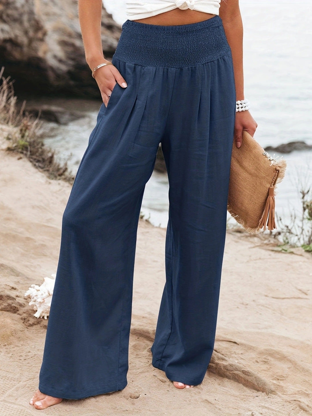Damen Weite Leinenhose mit elastischem Bund und Falten Drune