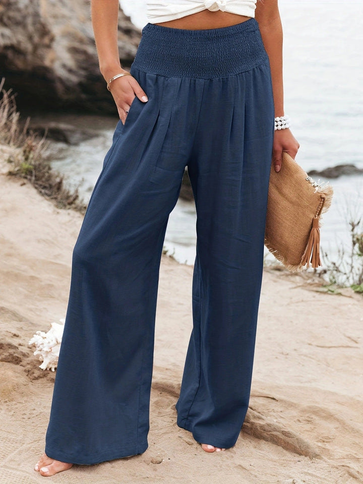 Damen Weite Leinenhose mit elastischem Bund und Falten Drune