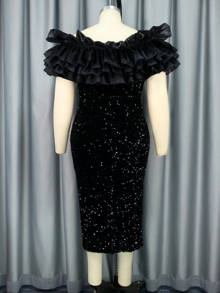 Damen glamouröses Abendkleid mit voluminösen Rüschen und Pailletten Drune