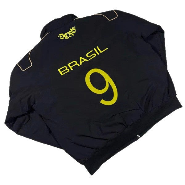 Unisex nan sportliche Retro-Trainingsjacke mit Stehkragen Reißverschluss Brustemblem und Brasilien-Schriftzug Drune