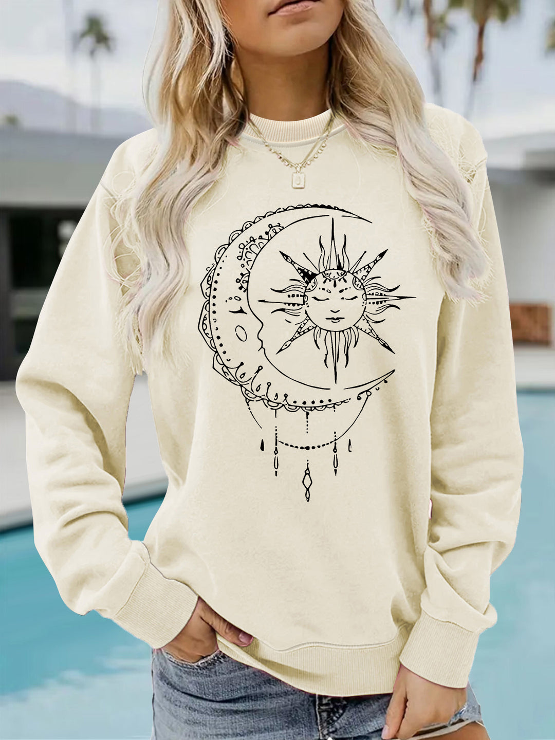 Damen Sweatshirt mit künstlerischem Sonnen- und Mondmotiv Drune