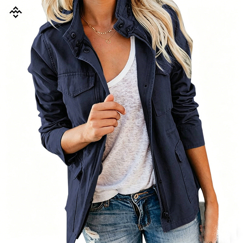 Damen leichte Feldjacke im Utility-Stil mit Stehkragen und Mehrfachtaschen Drune