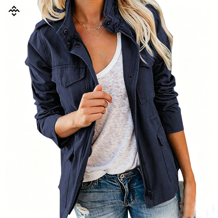 Damen leichte Feldjacke im Utility-Stil mit Stehkragen und Mehrfachtaschen Drune