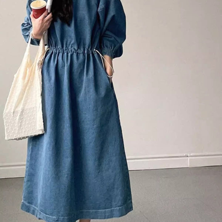 Damen Denim-Midikleid mit Kordelzugtaillierung Drune