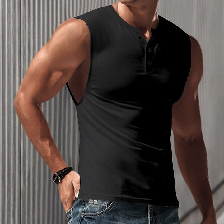 Herren nan ärmelloses Muskelshirt mit Henley-Knopfleiste, tiefem Armausschnitt und elastischem Baumwollmix Drune
