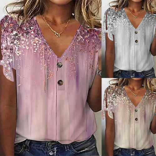 Damen V-Ausschnitt Bluse mit dekorativen Knöpfen und lässigen Ärmeln Drune